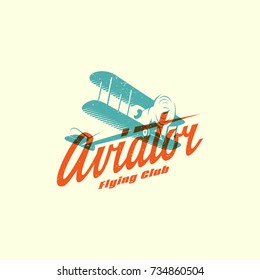 Flying club logo template design and handwritten word aviator. Vector illustration.