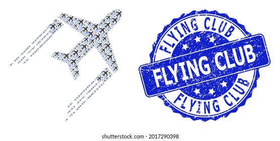 Flying Club unclean round stamp seal and vector recursive composition airplane trail. Blue stamp seal has Flying Club text inside round shape.