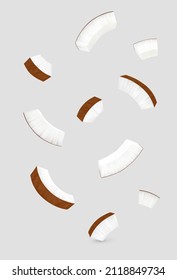 Flying coconut pieces isolated on gray background. Realistic vector illustration.