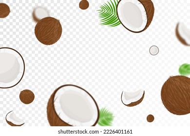 Flying coconuts, seamless pattern background with green palm leaves and halves of coconut with blurry effect, realistic 3d vector illustration. Falling coconuts isolated on transparent background