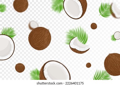 Flying coconuts, seamless pattern background with green palm leaves and halves of coconut with blurred effect, realistic 3d vector illustration. Falling coconuts isolated on transparent background