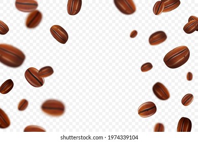 Flying coffee beans background. Seamless realistic brightly flying coffee beans with blur effect. 3d realistic illustration. Transparent background. Vector illustration.