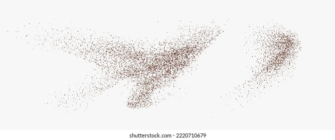 Flying coffee or chocolate powder, dust particles in motion, ground splash isolated on light background. Vector illustration.