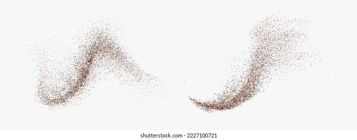 Flying coffee or chocolate powder, dust particles in motion, ground splash isolated on light background. Vector illustration.