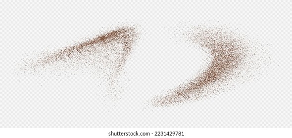 Flying coffee or chocolate powder, dust particles in motion, ground splash isolated on light background. Vector illustration.