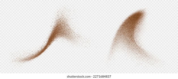 Flying coffee or chocolate powder, dust particles in motion, ground splash isolated on light background. Vector illustration.