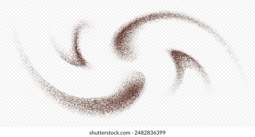 Flying coffee or chocolate powder, dust particles in motion, ground splash isolated on light background. Vector illustration.