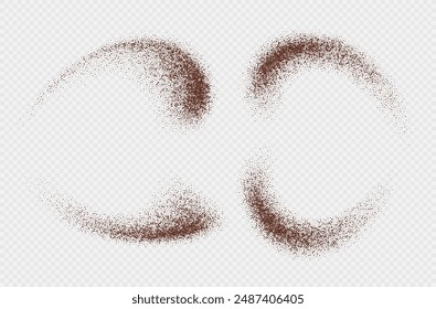 Flying coffee or chocolate powder, dust particles in motion, ground splash isolated on light background. Vector illustration.