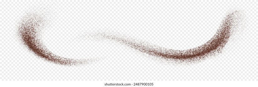 Flying coffee or chocolate powder, dust particles in motion, ground splash isolated on light background. Vector illustration.