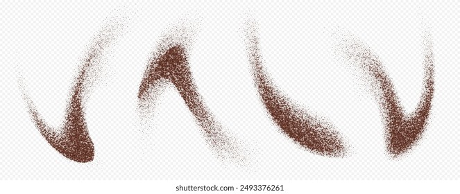 Flying coffee or chocolate powder, dust particles in motion, ground splash isolated on light background. Vector illustration.
