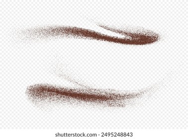 Flying coffee or chocolate powder, dust particles in motion, ground splash isolated on light background. Vector illustration.