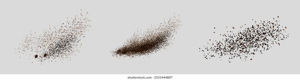 Flying coffee or chocolate powder, dust particles in motion, ground splash isolated on light background. Vector illustration.