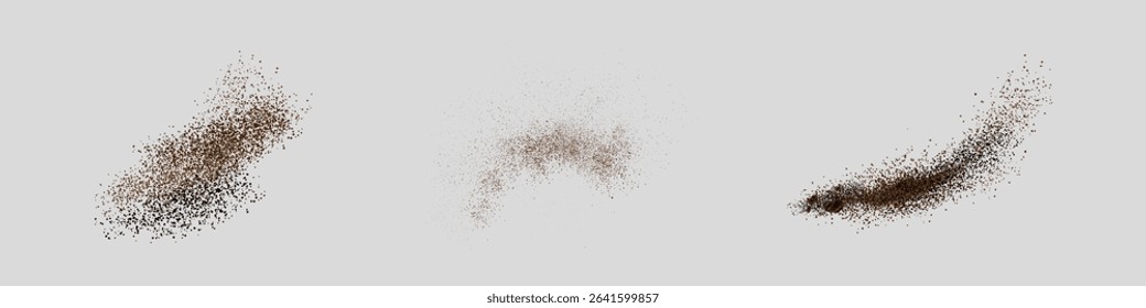 Flying coffee or chocolate powder, dust particles in motion, ground splash isolated on light background. Vector illustration.