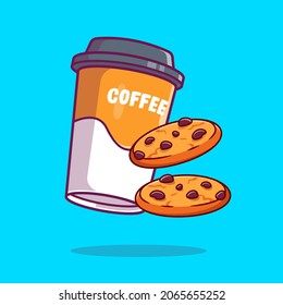 Flying Coffee Cup With Chocolate Cookies Cartoon Vector Icon Illustration. Food Drink Icon Concept Isolated Premium Vector. Flat Cartoon Style