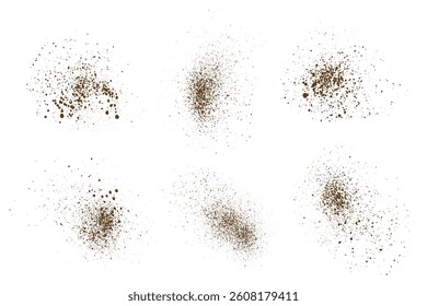 Flying coffee dust particles splatter isolated grunge texture background set
