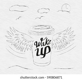 Flying coffee paper cup. Hand drawn in black and white on paper texture. 