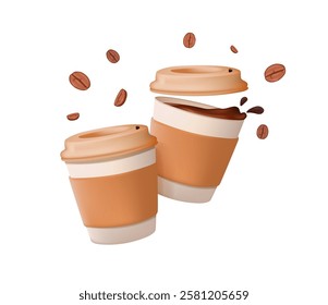 Flying Coffee paper cups with coffee and beans around, 3D. Cartoon, coffee to go, coffee delicious hot drinks. Espresso, americano cup, cappuccino and latte in paper mug. Vector illustration 3D