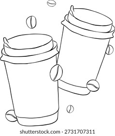 Tazas de papel de café volador con café y frijoles Composición de café ilustración dibujada a mano. Vector línea gráfica tinta Arte blanco negro Espresso, taza americano, capuchino y latte en taza de papel.
