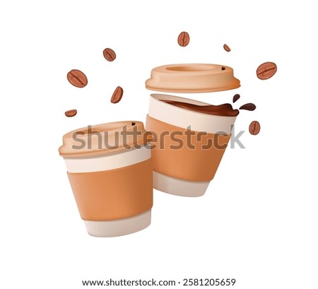Flying Coffee paper cups with coffee and beans around, 3D. Cartoon, coffee to go, coffee delicious hot drinks. Espresso, americano cup, cappuccino and latte in paper mug. Vector illustration 3D
