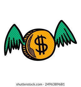 Flying coin icon hand drawn halftone color vector illustration