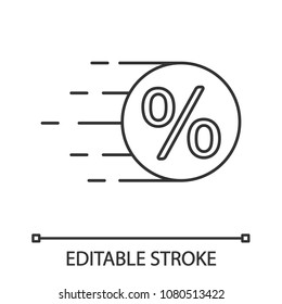 Flying coin with percent linear icon. Thin line illustration. Sale. Discount offer. Contour symbol. Vector isolated outline drawing. Editable stroke
