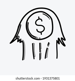 Flying coin vector icon. Drawing sketch illustration hand drawn line.