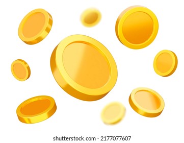 Flying coins 3d set. Enrichment. Bright explosion gold coins of different direction and distance. Shiny yellow coin. Isolated objects