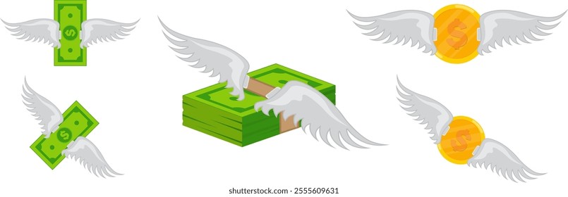 flying coins and cash notes in front view and 3d view for business icons set