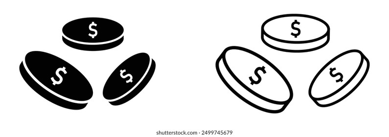 Flying coins flat icon set isolated on white background. dollar coins vector icon