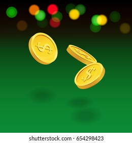 Flying coins on green background. Vector casino illustration.