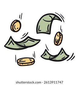Flying coins and paper money. Vector hand drawn doodle illustration for print, sticker. Wealth, prosperity, luxury icon