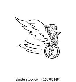 Flying coins with wings vector illustration with doodle style. 10 eps