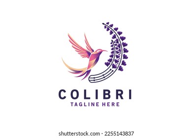 Flying colibri bird logo vector illustration design sucking lupine nectar