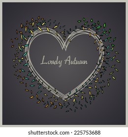 Flying color leaves around the heart , card vector illustration with dark gray background