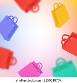 Flying color shopping bags. Online shopping. 3d vector frame with copy space