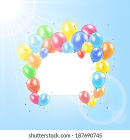 Flying colored balloons with card in the sky, illustration.