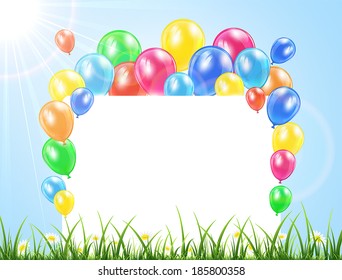 Flying colored balloons on nature background with card, illustration.