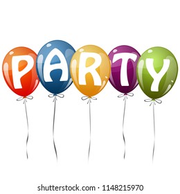 flying colored balloons with ribbons and text Party