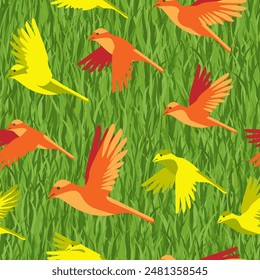 Volando pájaros de colores sobre hierba verde patrón sin fisuras. El tema es la conservación de la naturaleza. Ideal para ropa de mujer y hombre, trajes de baño, ropa de niños, decoración del hogar. Ilustración vectorial