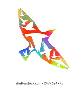 Flying colored birds silhouette flock. hand drawing. Doves of peace. Beautiful trendy abstraction of birds. Not AI. Vector illustration.