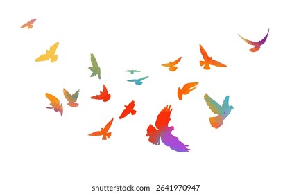 Flying colored birds silhouettes on white background. Vector illustration. isolated bird flying. tattoo design