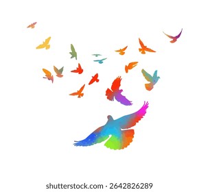 Flying colored birds silhouettes on white background. Vector illustration. isolated bird flying. tattoo design