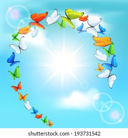 Flying colored butterflies in a circle on sun background, illustration.