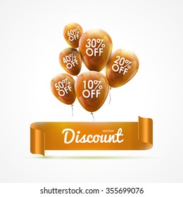 Flying colored dark orange balloons with ribbon and discount text. SALE concept
