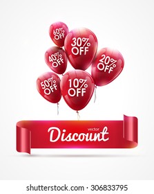 Flying colored red balloons with ribbon and discount. Business market decoration money
