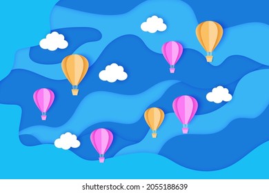 Flying colorful balloons among the clouds and sky.Vector travel origami paper cut background.