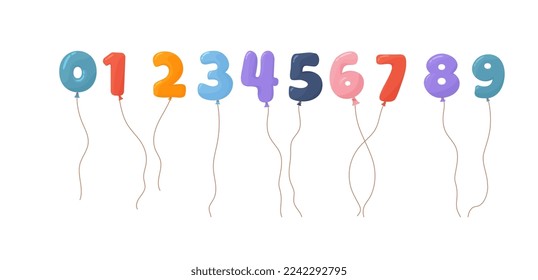 Flying colorful balloons in form of numbers from 0 to 9 flat style, vector illustration isolated on white background. Decorative design element, math education, preschool learning