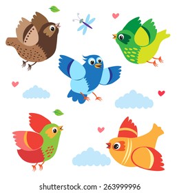 Flying Colorful Birds. Vector Birds. Set Cartoon Illustration. Isolated On White Background. Birds Of Paradise. Birds For Sale. Birds In The Sky. Birds Singing. Small Birds And Young Birds.