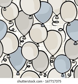 flying colorful blue and gray balloons party time seamless pattern on white background