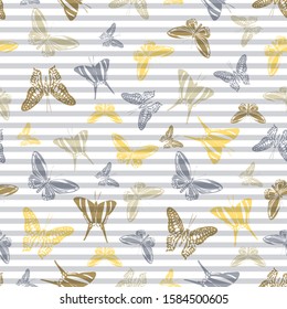 Flying colorful butterfly silhouettes over horizontal stripes vector seamless pattern. Kids fashion textile print design. Stripes and butterfly garden insect silhouettes seamless design.